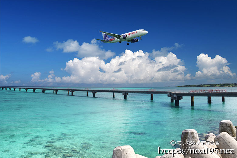 青い海にのびた進入灯と着陸する飛行機-下地島17END