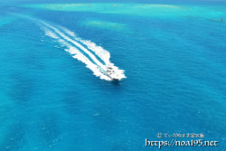 青い海を疾走するボート
