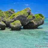 サンゴ礁の海に並ぶ奇岩-大神島