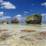 海上に顔を出した珊瑚礁と津波石-東平安名ビーチ