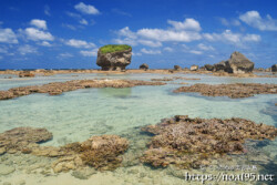 海上に顔を出した珊瑚礁と津波石-東平安名ビーチ