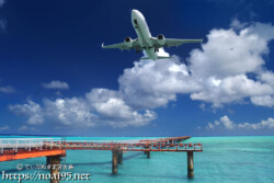 青い海にのびた進入灯と着陸する飛行機-下地島17END