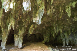 天井からのびる鍾乳石の石柱-成川ガー