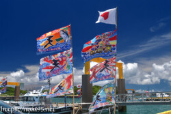 青空にはためく大漁旗-池間島海神祭